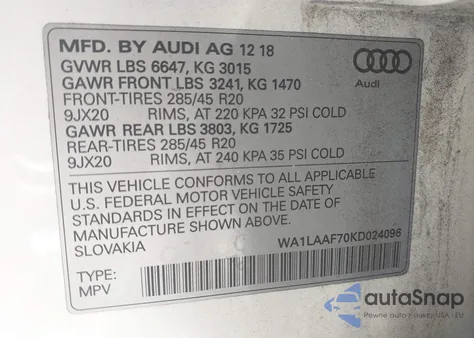 2019 Audi Q7 Premium Plus/Se Premium Plus из США, поврежденный, VIN WA1LAAF70KD024096
